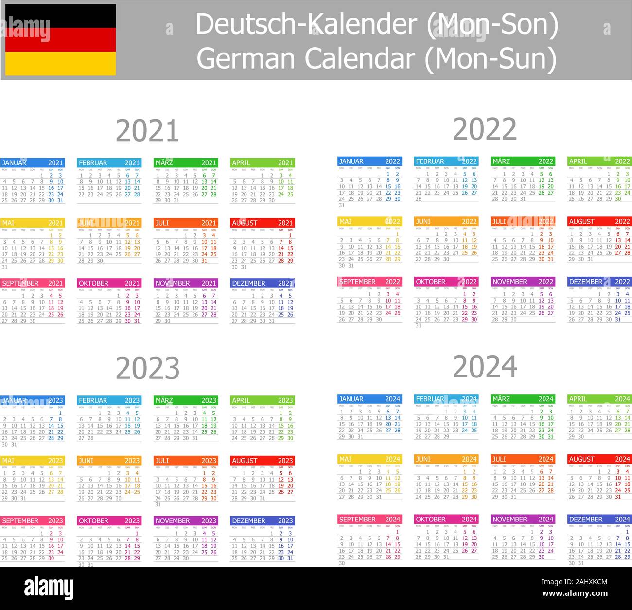 20212024 Deutsche Typ1 Kalender Moso auf weißem Hintergrund Stock