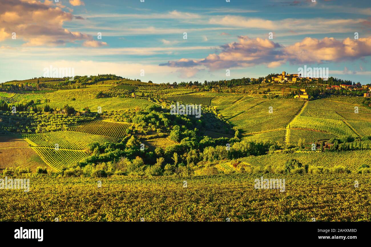 Panzano in Chianti Weinberg und Panorama bei Sonnenuntergang im Herbst. Toskana, Italien Europa. Stockfoto