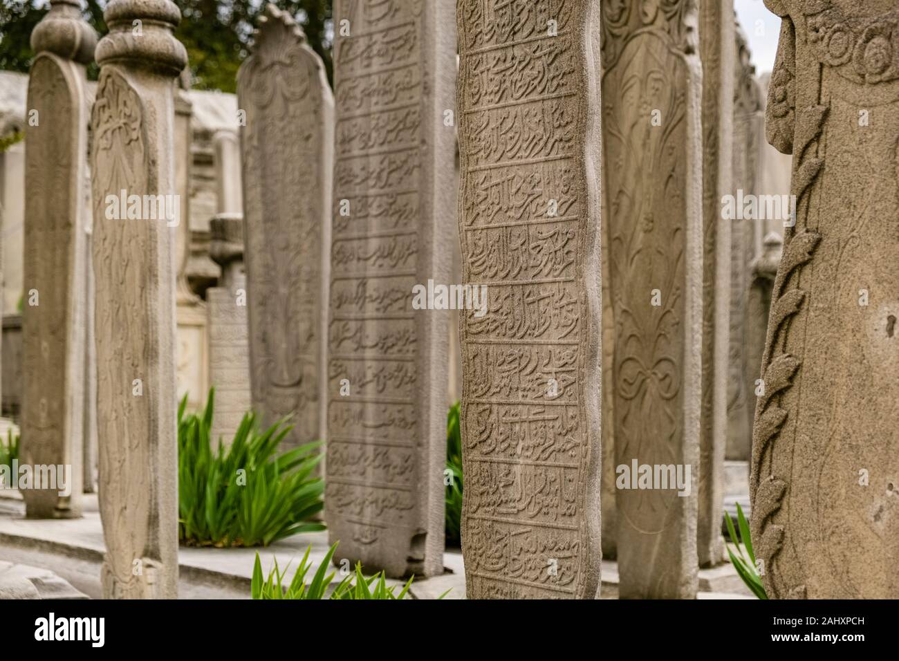 Grabsteine auf dem Friedhof der Süleymaniye Moschee, Süleymaniye Camii, auf einem Hügel im Stadtteil Fatih Stockfoto