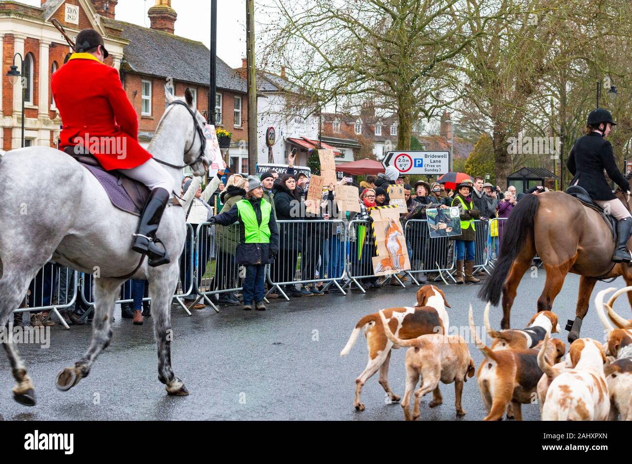 Fuchsjagd Demonstranten, Tierschützer an der Ashford Tal tickham Hunt, Tenterden, Kent, Großbritannien Stockfoto
