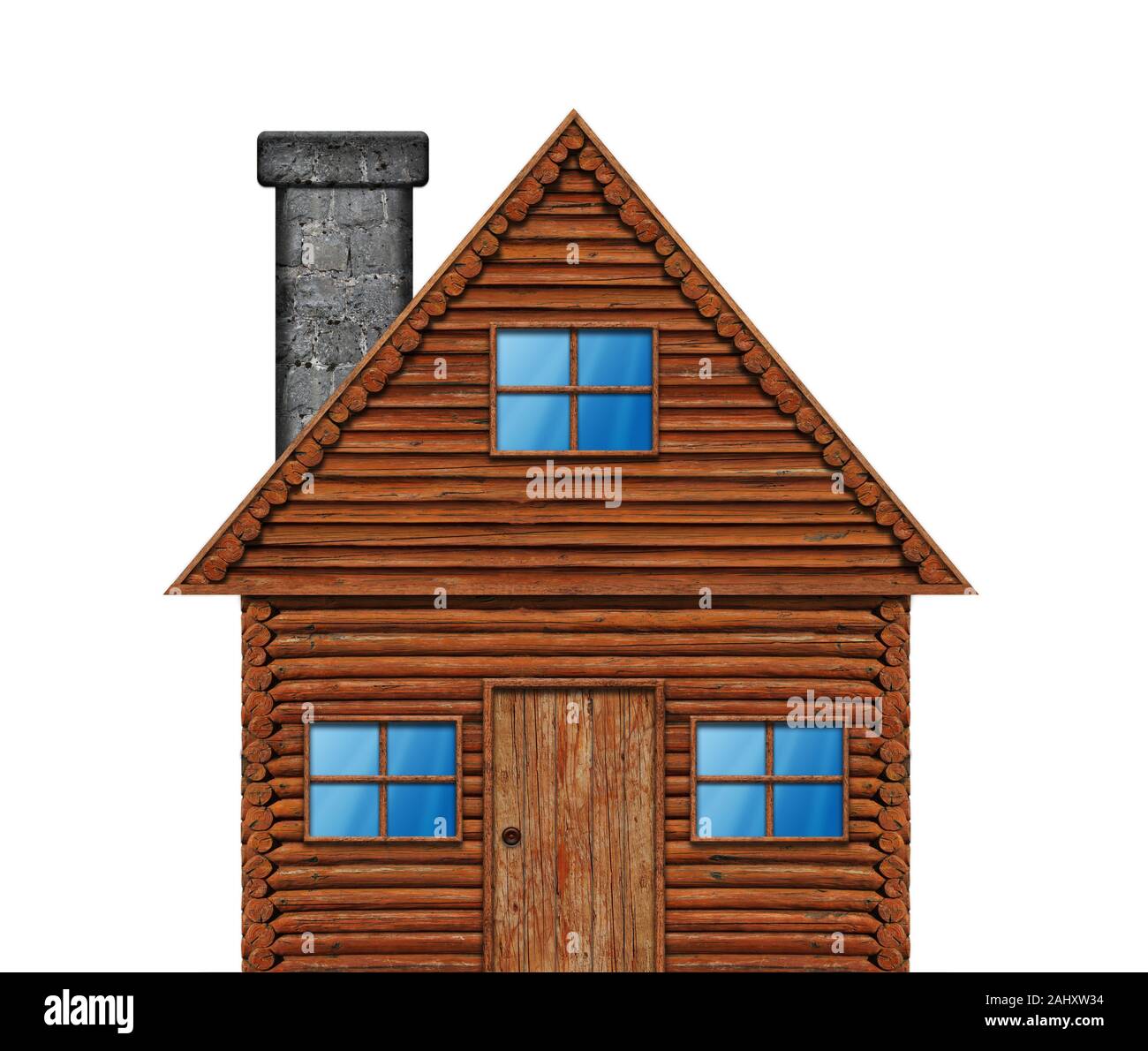Holz Blockhaus isoliert auf weißem Hintergrund. Stockfoto