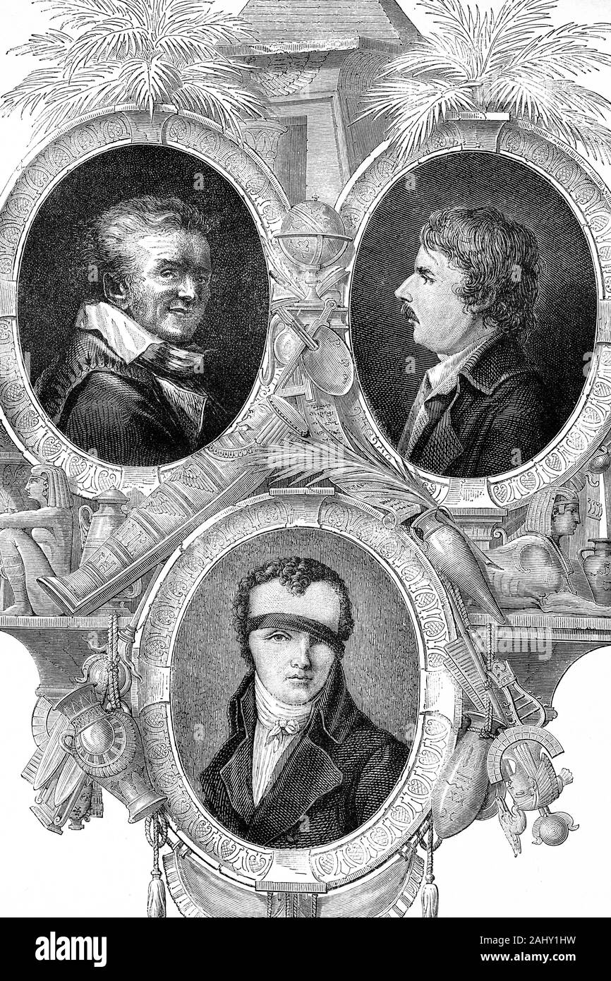Oben links: Dominique Vivant Denon. Künstler, Diplomat, Schriftsteller, archaelogist. Geboren 1747, gestorben 1825. Oben rechts: pierre-joseph Redoute. Belgische. Stockfoto