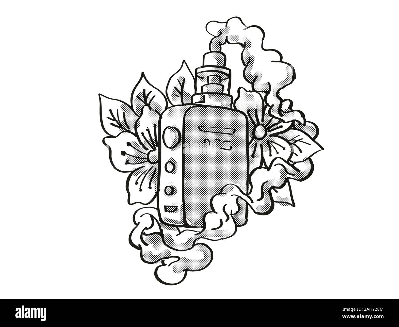 Tattoo Cartoon Stil Zeichnung Illustration Einer Vape Elektronische Zigarette Oder Vaper Rauchen Mit Blattern Und Bluten Auf Isolierten Hintergrund In Schwarz Gemacht Stockfotografie Alamy