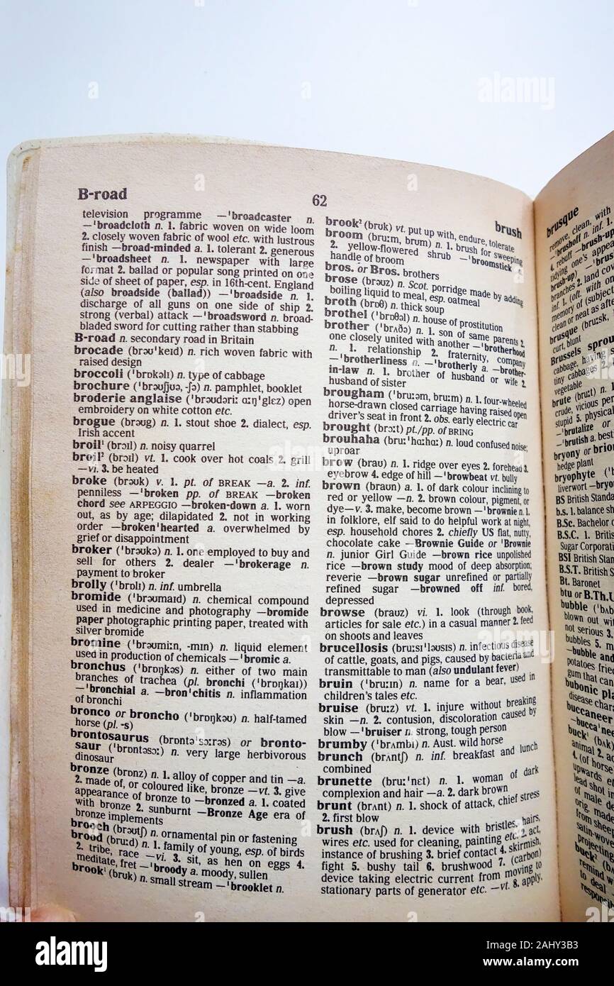Innenseiten der Collins Compact Wörterbuch der Ausgabe in englischer Sprache 1989. Beachten Sie, dass 'Browser' nicht angezeigt wird. Stockfoto