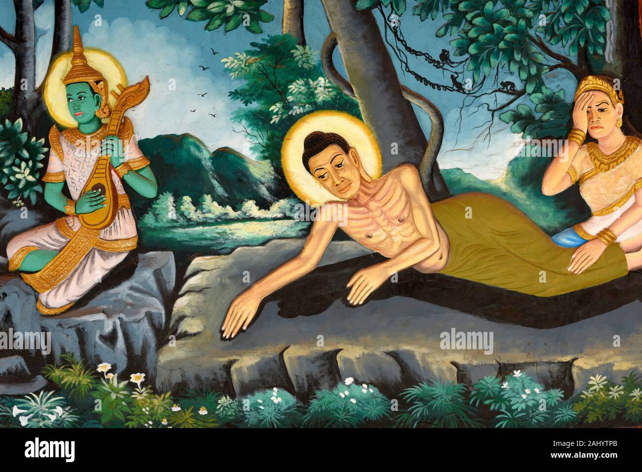Religiöse Wandgemälde im Wat Preah Prom Rath, Siem Reap, Kambodscha, South Esat Asien. Stockfoto