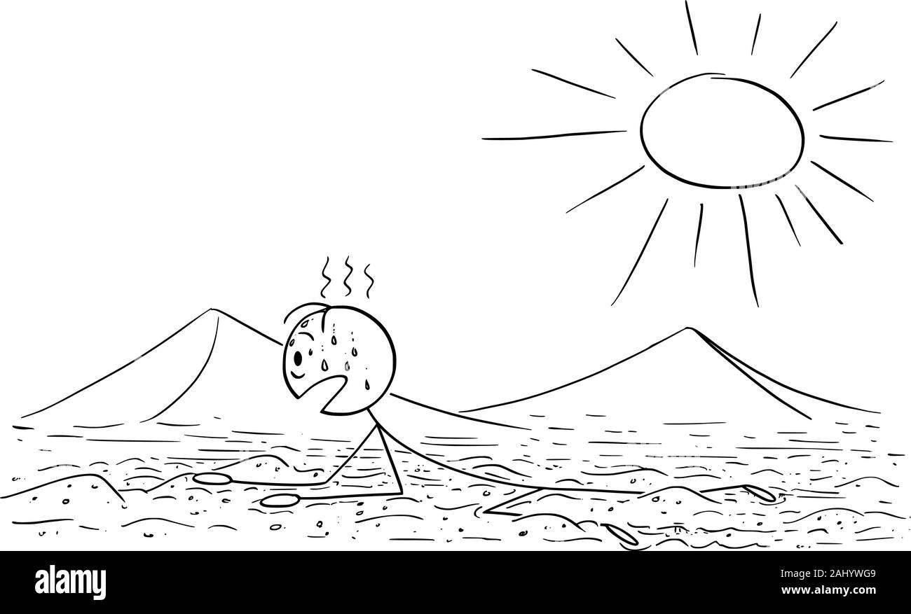 Vektor cartoon Strichmännchen Zeichnen konzeptionelle Darstellung der Mann, Touristen oder Reisende kriechen oder Kriechen auf den heißen Sand der Wüste auf Sun. Stock Vektor