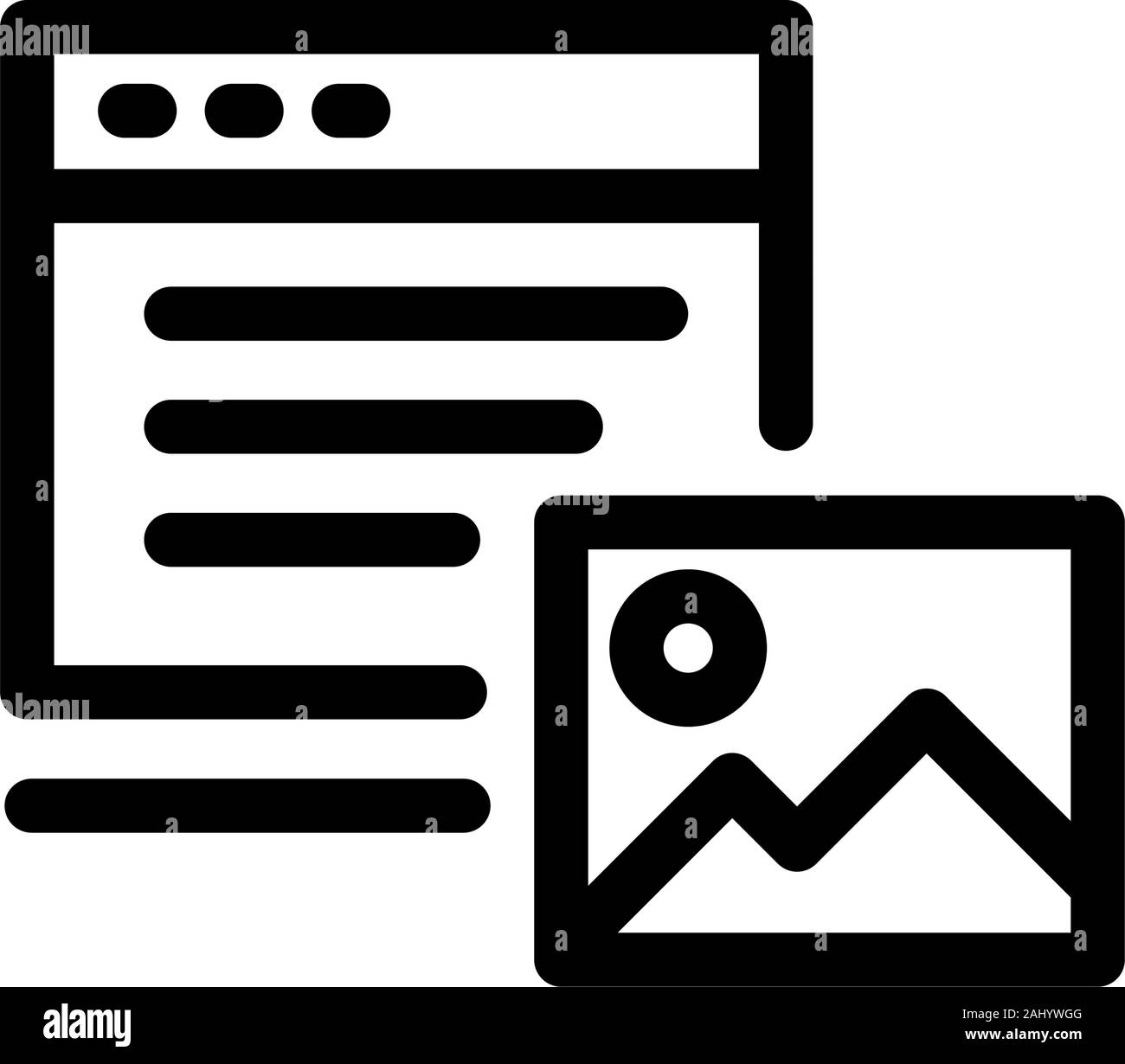 Symbol Inhalte, Fotos und Texte zurückzugreifen. Vector Icons auf einem weißen Hintergrund. Trendy lineare Symbol. Symbol für Website und Drucken. Logo, Emblem, Symbol. Schnittstelle el Stock Vektor