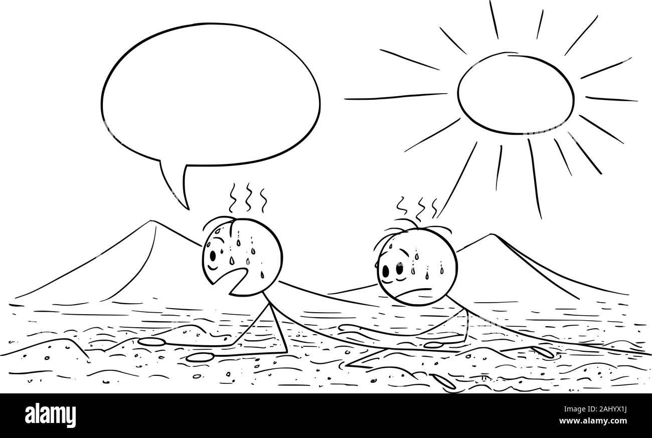 Vektor cartoon Strichmännchen Zeichnung konzeptuelle Abbildung von zwei Männern, Touristen oder Reisende kriechen oder Kriechen auf den heißen Sand der Wüste auf Sun, einem etwas zu sagen ist. Stock Vektor