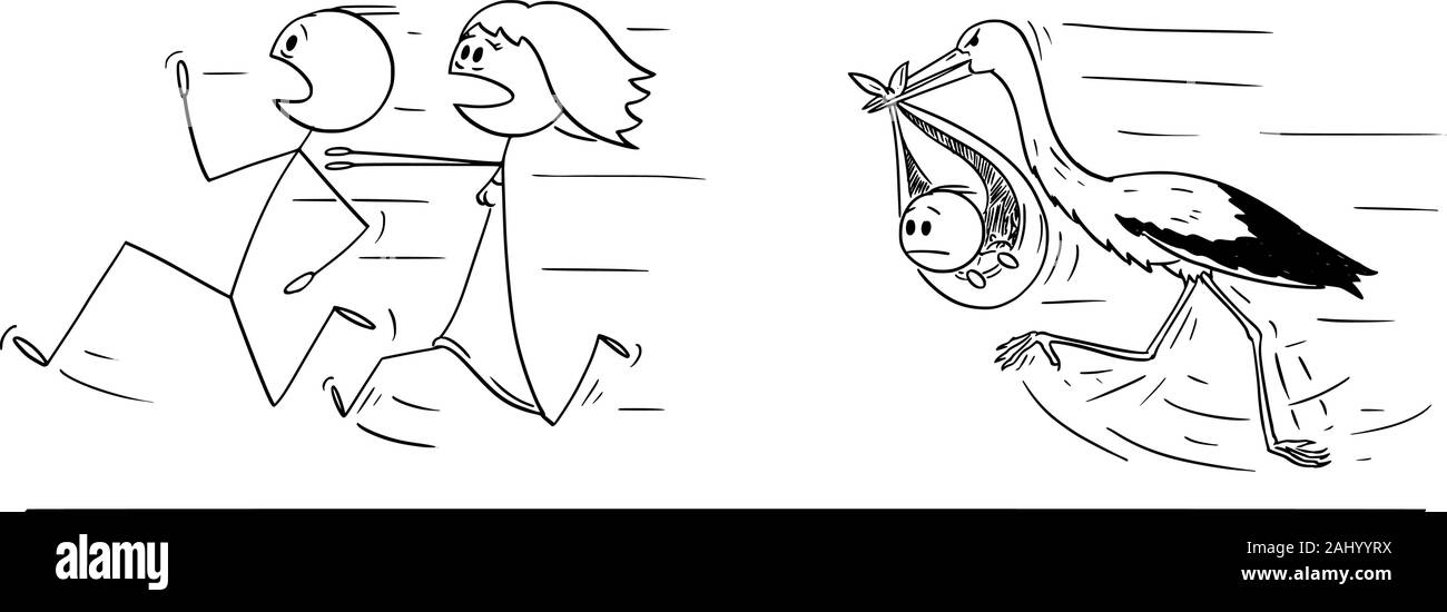 Vektor cartoon Strichmännchen Zeichnen konzeptionelle Darstellung der Paare von Mann und Frau weg von Stork baby läuft. Konzept der Verschiebung oder Ablehnung der Elternschaft. Stock Vektor
