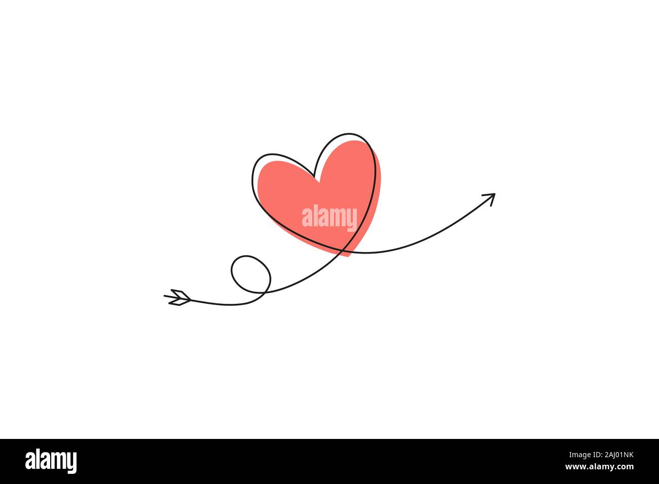 Cupid s Pfeil in die kontinuierliche Erstellung von Zeilen in der Form eines Herzens und der text Liebe in einer flachen Stil. Durchgehende schwarze Linie. Flaches Design Arbeiten Stock Vektor