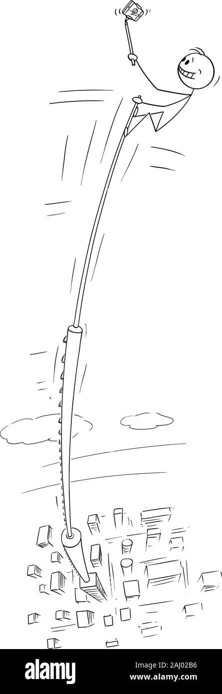 Vektor cartoon Strichmännchen Zeichnen konzeptionelle Darstellung der Mann unter gefährlichen Foto selfie auf hohen Wolkenkratzer, modernes Gebäude in der Stadt, da er nach unten fallen kann. Stock Vektor