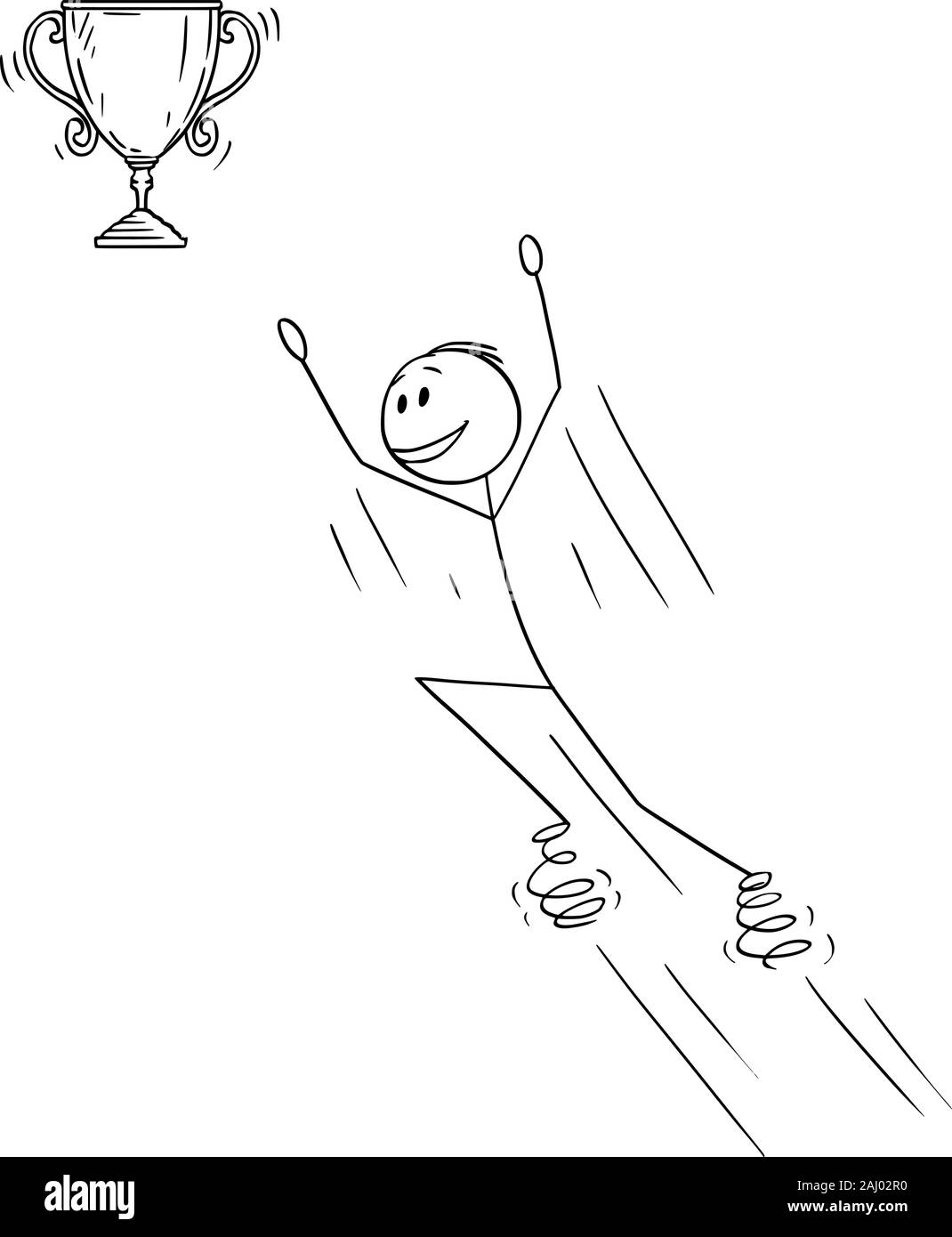 Vektor cartoon Strichmännchen Zeichnen konzeptionelle Darstellung der Mann oder Geschäftsmann springen auf Federn für Sieg Trophy Sieger Cup. Stock Vektor