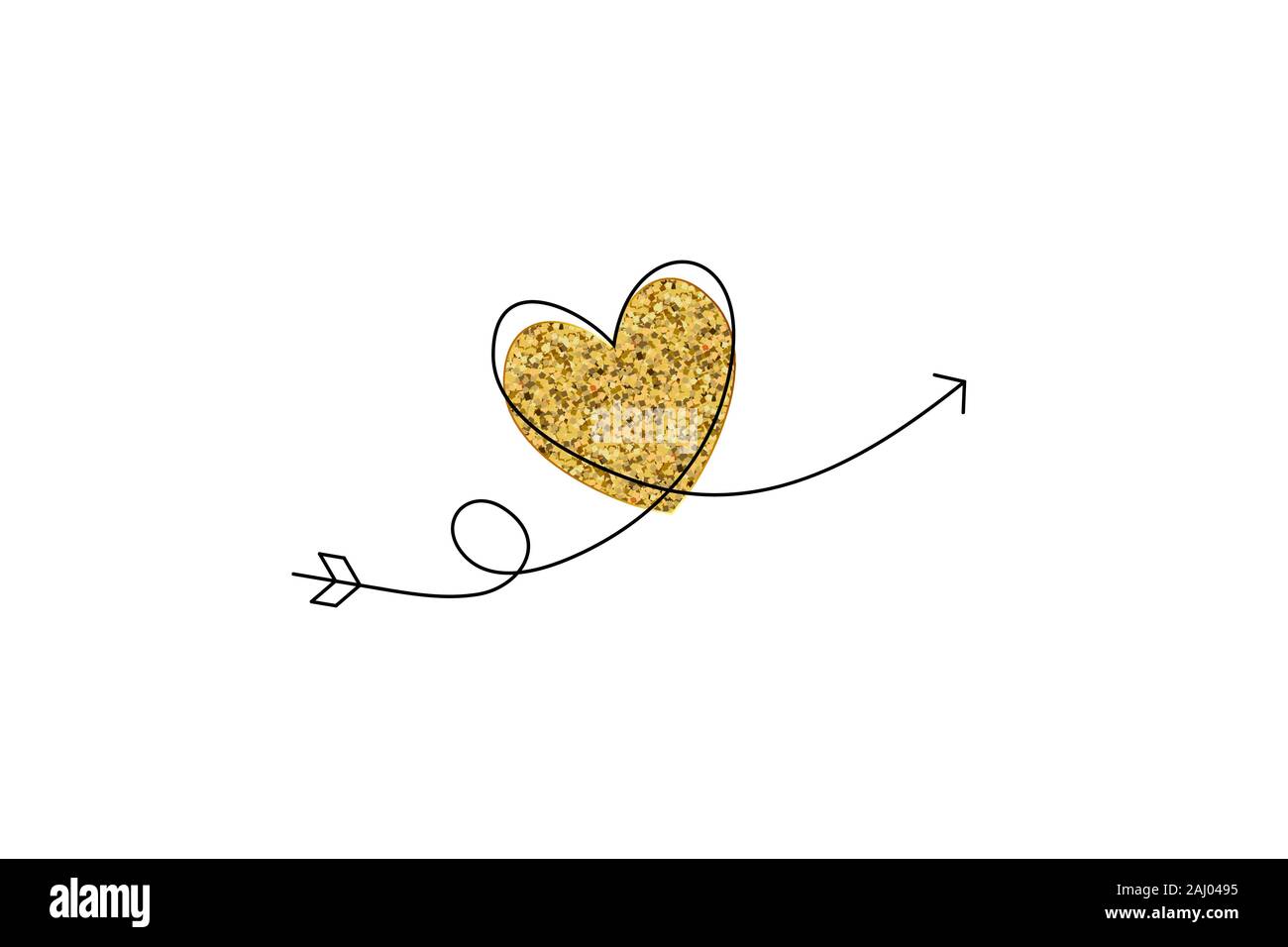 Cupid s Pfeil in die kontinuierliche Erstellung von Zeilen in der Form eines goldenen Herzen in einem flachen Stil. Durchgehende schwarze Linie. Flaches Design arbeiten. Symbol für Stock Vektor