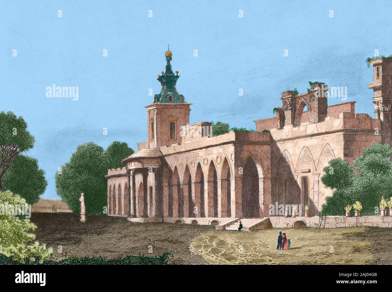 Polen, Warschau. Gotische Galerie im Wilanow Palast. Sein Bau wurde bestellt, die vom König Johann III. Sobieski (1629-1696). 1805 Stanisław Kostka Potocki, der Inhaber des Wilanow, eröffnet seine Kunstsammlung in Wilanow Palast. Die gotische Galerie wurde ein Teil des Museums für die Anzeige der Sammlung europäischer Malerei entwickelt. Es bestand bis 1850, als es im neo-renaissance Stil. Zeichnung von Vormser. Gravur, 1840. Später Färbung. Stockfoto