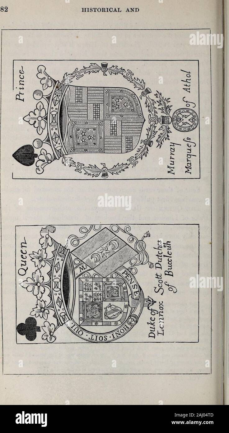 Der Verkünder und Genealoge. nsigned mit dem Strumpfband, und die duchesss mit dem cordeliere, dann üblich für Witwen in der Französischen Heraldik, und gelegentlich adoptedin unsere eigene Insel. Eine bemerkenswerte Eigenschaft der Lennox Schutz 1 Die Namen katalogisiert werden von Herrn Dashwood in der Norfolk Archäologie. 2 In einer Kopie dieser Insignien in der Bibliothek in Abbotsford Sir Walter Scott gemacht Ahinweis, die besagt, dass eine Walter Scott, Goldschmied, von Edinburgh, wurde in thefraternity seines Handwerks im Jahre 1686 zugelassen, und ein anderes, mit einem ähnlichen Signatur, im Jahre 1701. Am 28. August 1706, eine Tochter von umquhile Walter Scott ap war Stockfoto