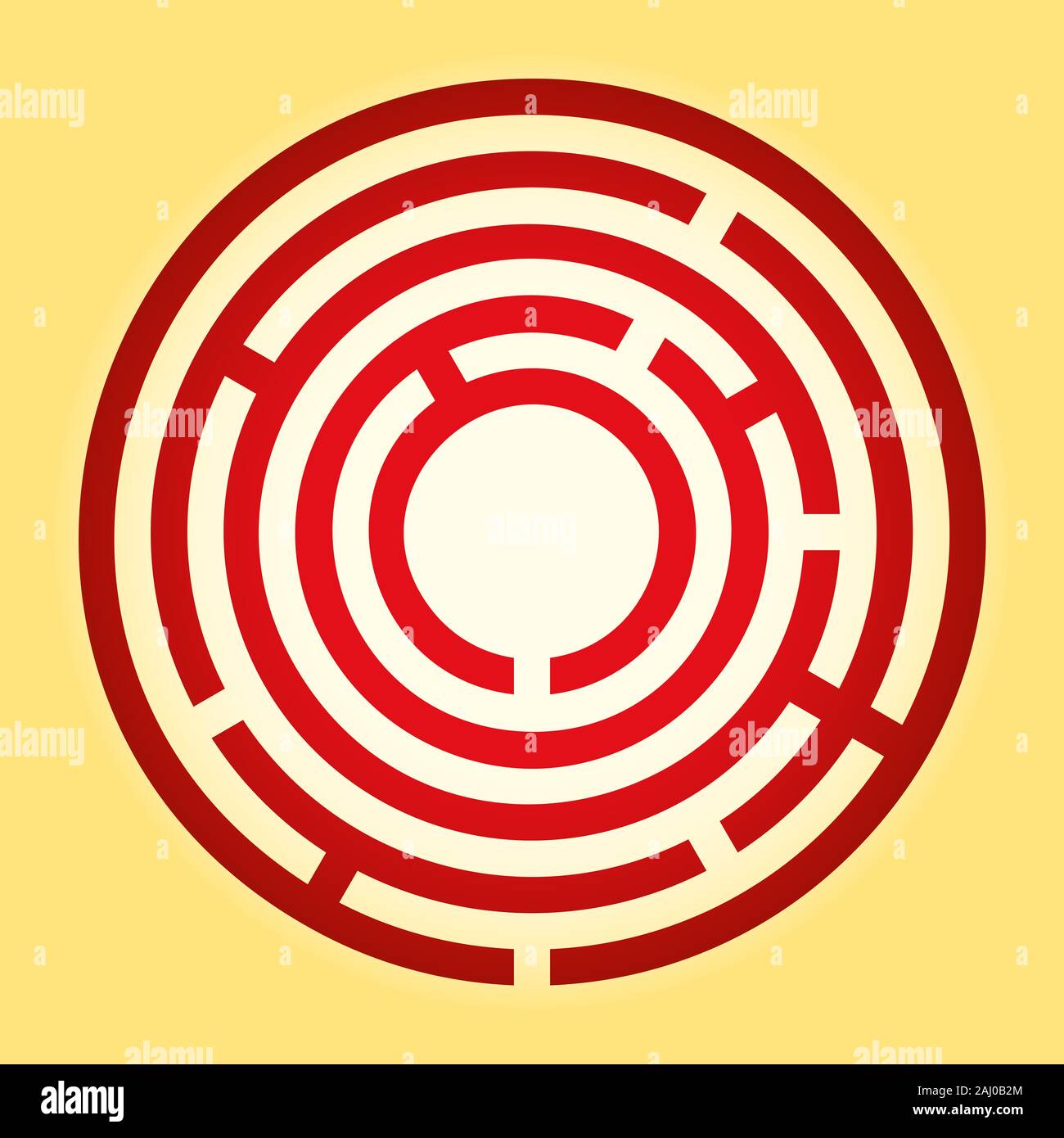 Farbige winzigen kreisförmigen Labyrinth. Red radial Labyrinth auf gelben Hintergrund. Finde den Weg zum Zentrum, folgen dem Weg vom Eingang zum Ziel. Stockfoto