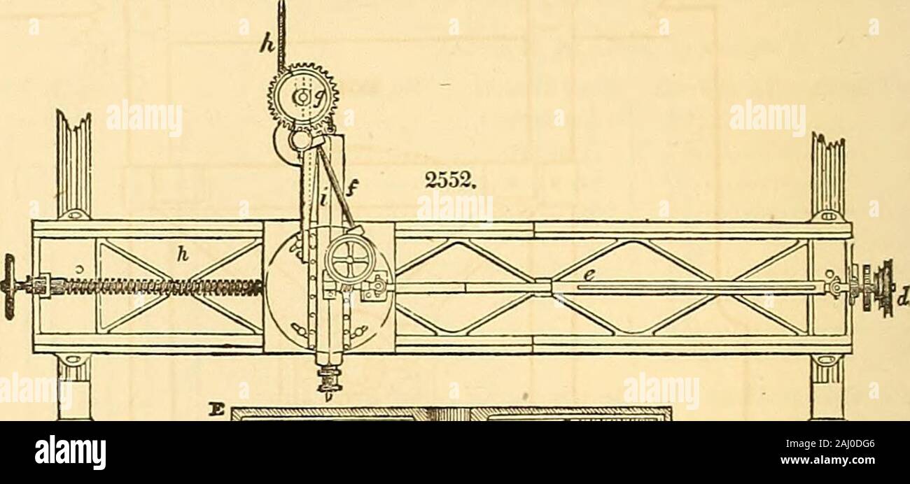 Appleton's Dictionary von Maschinen, Mechanik, Motor und Engineering. 204 Drehmaschine. in B und E, Abb. 2551, und dreht sich mit ihr. Die langweilig - Kopf, der den Fräser hält, ist bei G gezeigt, und Istmit mit zwei Schrauben fast die gesamte Länge der langweilig - Bar, die sich in Nuten und mit der Bar und durch die gestrichelten Linien, die Schrauben der Abstieg oder Futtermittel Regeln gezeigt, wie es heißt, der langweilig - Kopf. pro^l; IffijiMDlII Stockfoto