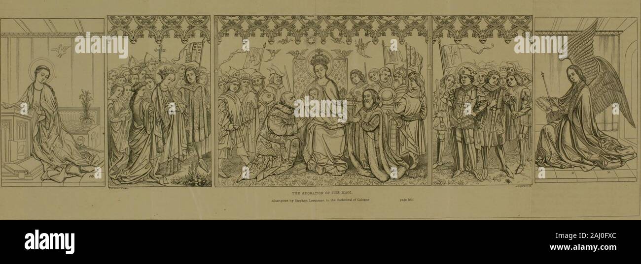 Die frühen flämischen Maler: Mitteilungen über ihr Leben und Werk. NICHT DER KÖNIGE, hener, in der Kathedrale von Coloi. CHAP. Xiv.] IHREN EINFLUSS IM AUSLAND. 351 einen Beruf und eine, die zu solch einem mitleiderregenden Ende Durer ein malerisches geantwortet hat, und es dem matterended. • Das Thema der Stephens Bild, oder vielmehr ofLoetheners Bild, meinten die beiden Männer zu iden-Tische, ist die Anbetung der Heiligen Drei Könige in die Mitte und den Schutzheiligen der Stadt auf den Flügeln. Thaton das Recht liand enthält St. Gereon und seine atten-Dants; die Linke, St. Ursula und elf Jungfrauen; die Anzeige eine Annunciat closedslmtters Stockfoto