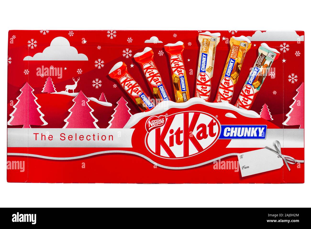 Auswahl Box von Nestle KitKat Chunky für Weihnachten - Geschmacksrichtungen - Erdnussbutter, Orange, Weiß, gesalzen Caramel fudge Geschmack Aromen Aroma Stockfoto