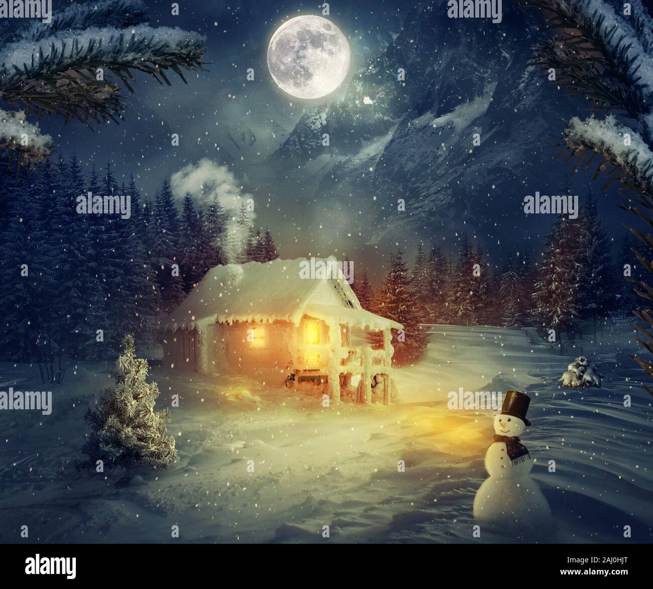 Winter Weihnachten Szene, Raster art Illustration. Bild von einem Land 