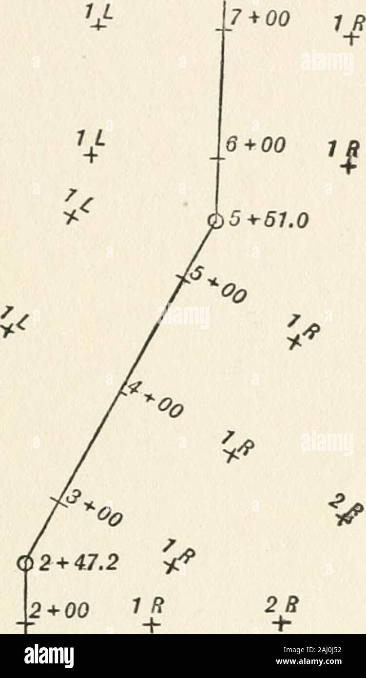 Parks und Park engineering. Die topographische Vermessung 31 Alle winkel verdoppelt und durch die Nadel überprüft werden, und alle Entfernungen sollte durch die Stadien geprüft werden. Sideshots sind durch die Winkel und Stadien Entfernungen erzielt. Thismethod der Umfrage ist nicht so genau wie die bratrost Methode, aber letztere in seiner einfachsten Form ist nicht angepasst Park - 1. L V 1 L2 + R7 + 00 0 + 00 IB jjh + geändert Bratrost System der Surueg für Alleen *Abb. 8. Art und Weise arbeiten. Eine modifizierte girdiron System, aber vielleicht verwendet, wenn die Base-line anstatt einer straightline ist die gestrichelte Linie von Traverse. Allgemeine Bemerkung. Im machen Stockfoto