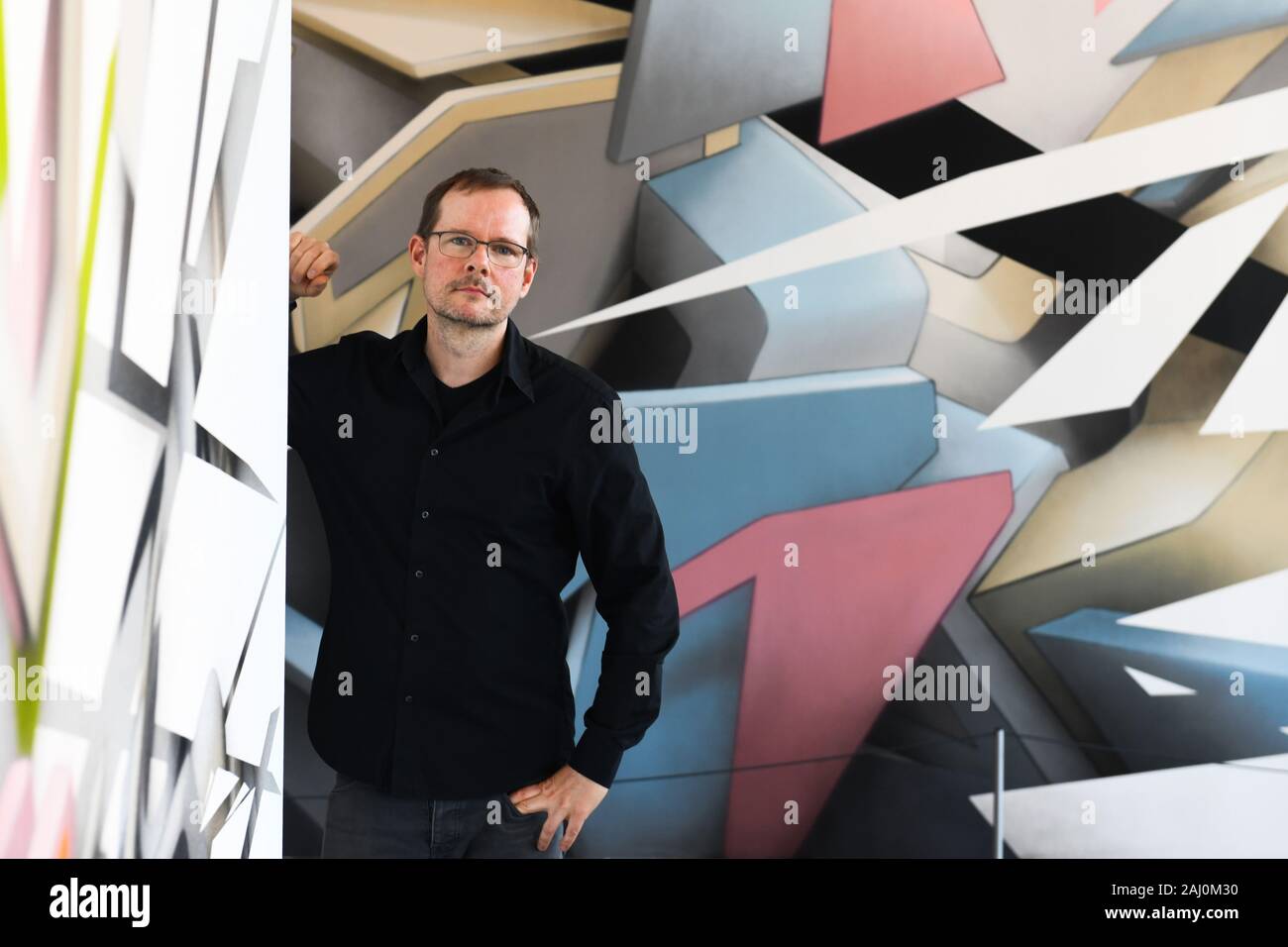 Mirko Reisser, alias DAIM, Graffiti Künstler vor allem für seine 3D-Stil Graffiti funktioniert: Retrospektive im Hangar 107 Stockfoto
