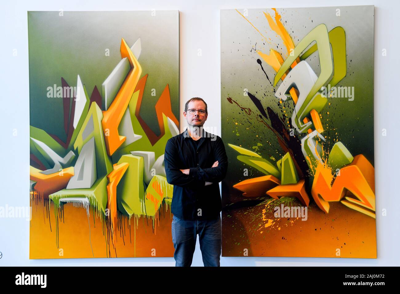 Mirko Reisser, alias DAIM, Graffiti Künstler vor allem für seine 3D-Stil Graffiti funktioniert: Retrospektive im Hangar 107 Stockfoto