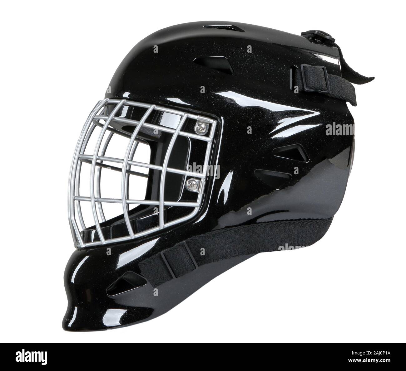 Hockey goalie schwarzen Helm Maske auf weißem Hintergrund Stockfoto