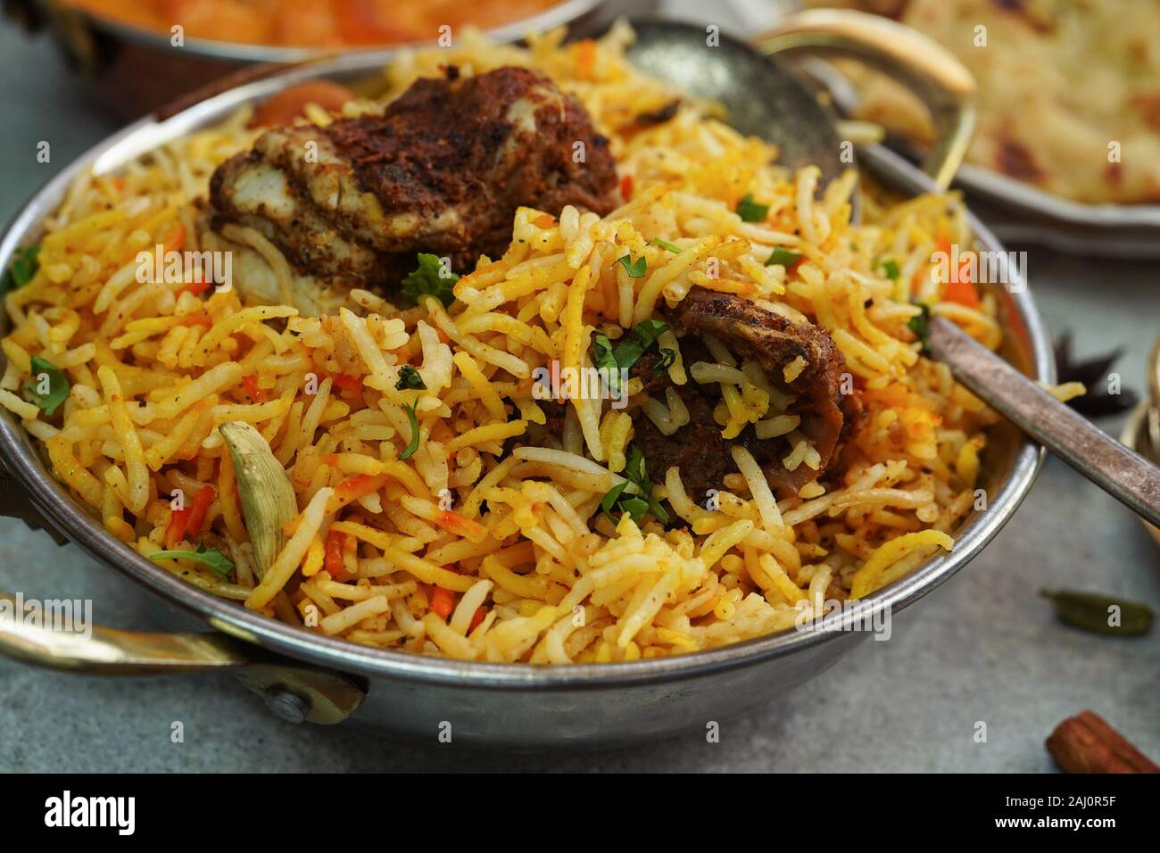 Schaf/Ziege Biryani - indische Mahlzeit Konzept, selektiven Fokus Stockfoto