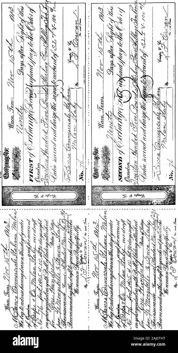 Baumwollhandel guide und Student's Handbuch; eine Text-Buch für den amerikanischen Handel und höhere Bildungseinrichtungen, die Operationen der Baumwolle Austausch in Verbindung mit Flecken und Futures historisch behandelt, auch eine kurze Geschichte der Branche und ihrer Entwicklung, und zahlreiche praktische Probleme. Galveston pro S/S Mongibello für Genua, Italien. Insuredwith der Standard Marine, Lpool für £ 1600.^. = Für ac-Count und Gefahr von Sigg. Crespi & Co., Mailand, Italien. ContractNo. 76. Fracht im JO 7 I/2 C/100 lbs Lpool Mittelprodukt gc.28 m/m heften. Keine Ansprüche für kurze Gewicht, Land Schäden oder dif Stockfoto