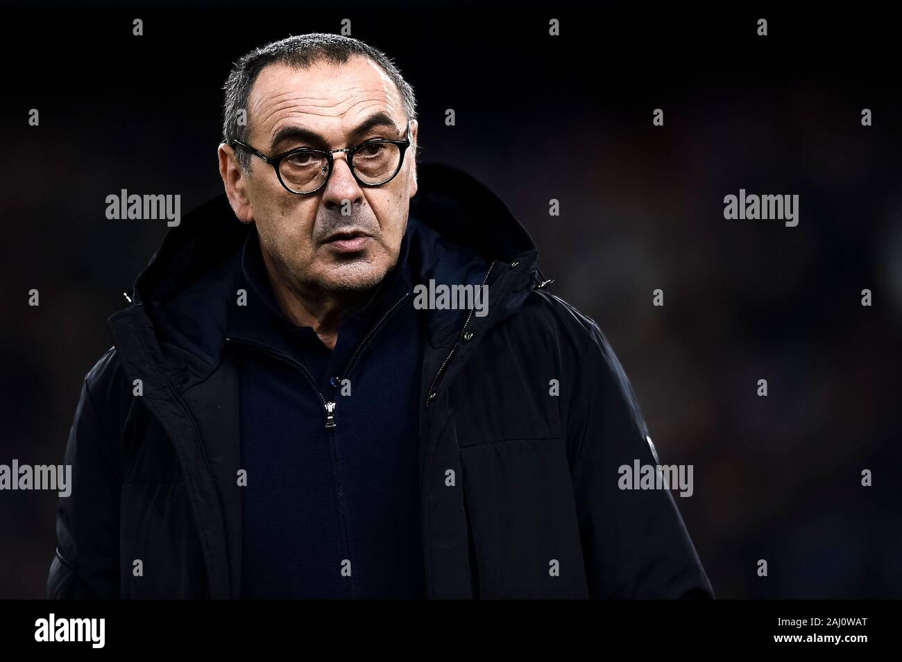 Genua, Italien. 18 Dezember, 2019: Maurizio Sarri, Cheftrainer des FC Juventus, schaut an vor der Serie ein Fußballspiel zwischen UC Sampdoria und Juventus Turin. FC Juventus gewann 2-1 über UC Sampdoria. Credit: Nicolò Campo/Alamy leben Nachrichten Stockfoto