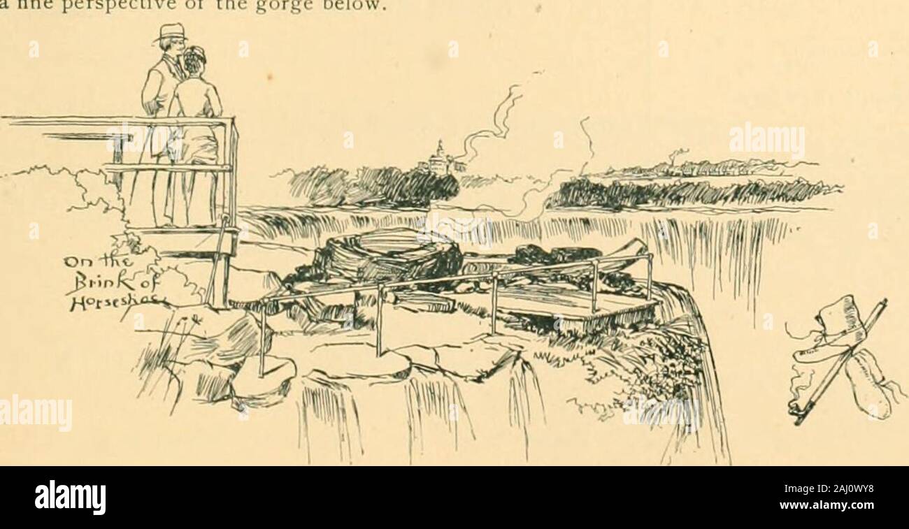 Niagara und Chautauqua. e berühmten Höhle der Winde, und überqueren Sie die kleine Brücke zu Ihrer Rechten sie Luna Island erreichen. Der weitere Punkt, der durch eine eiserne Schiene geschützt, wir sehen, die in der Nähe von Aussicht auf die Amerikanischen Wasserfälle und Stromschnellen, die sind so nah, dass es möglich ist, die Hand in die Rauschenden Flut, die über die Kante zu Dip wünschenswert. Auch hier bekommt man gepflegte Blick auf die Trümmer des Rock und Schiefer, die mit der Torrent am Fuße des Amerikanischen Fallen hinterlegt und Alsoa feine Sicht auf die Schlucht bel Dieser Ort namens ist Luna Insel, denn die Lunar Bug der vorliegenden Verordnung gesehen wird. Stockfoto