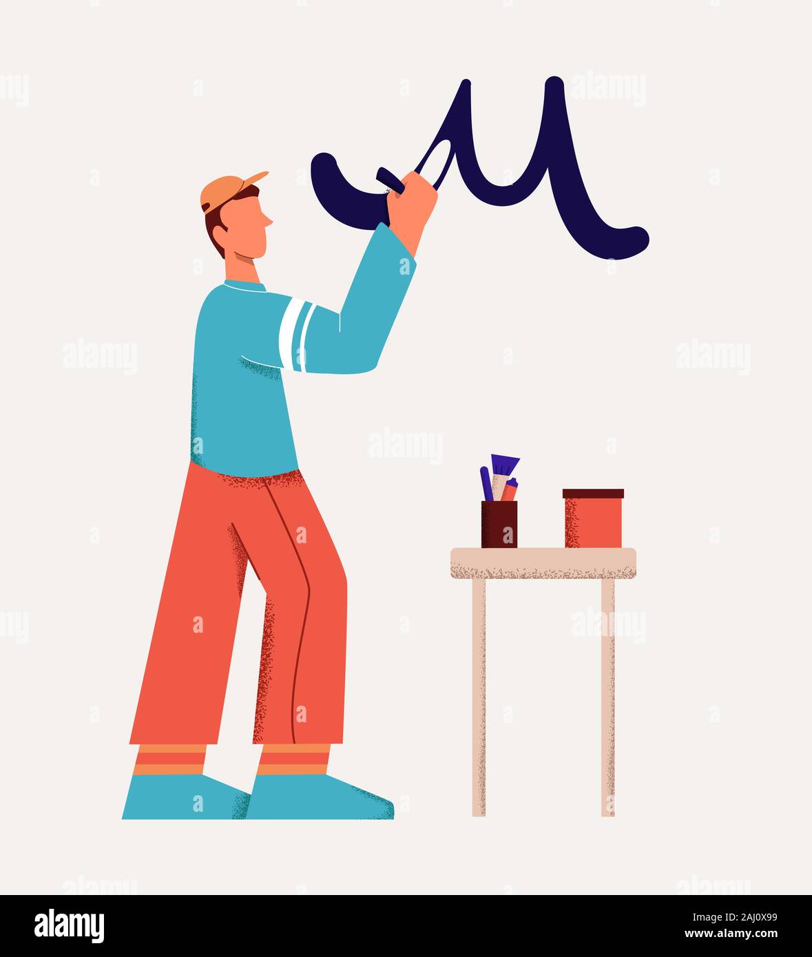 Casual Male Cartoon Character Artist zeichnen Kalligraphie Inschrift an der Wand isoliert auf weißem Stock Vektor