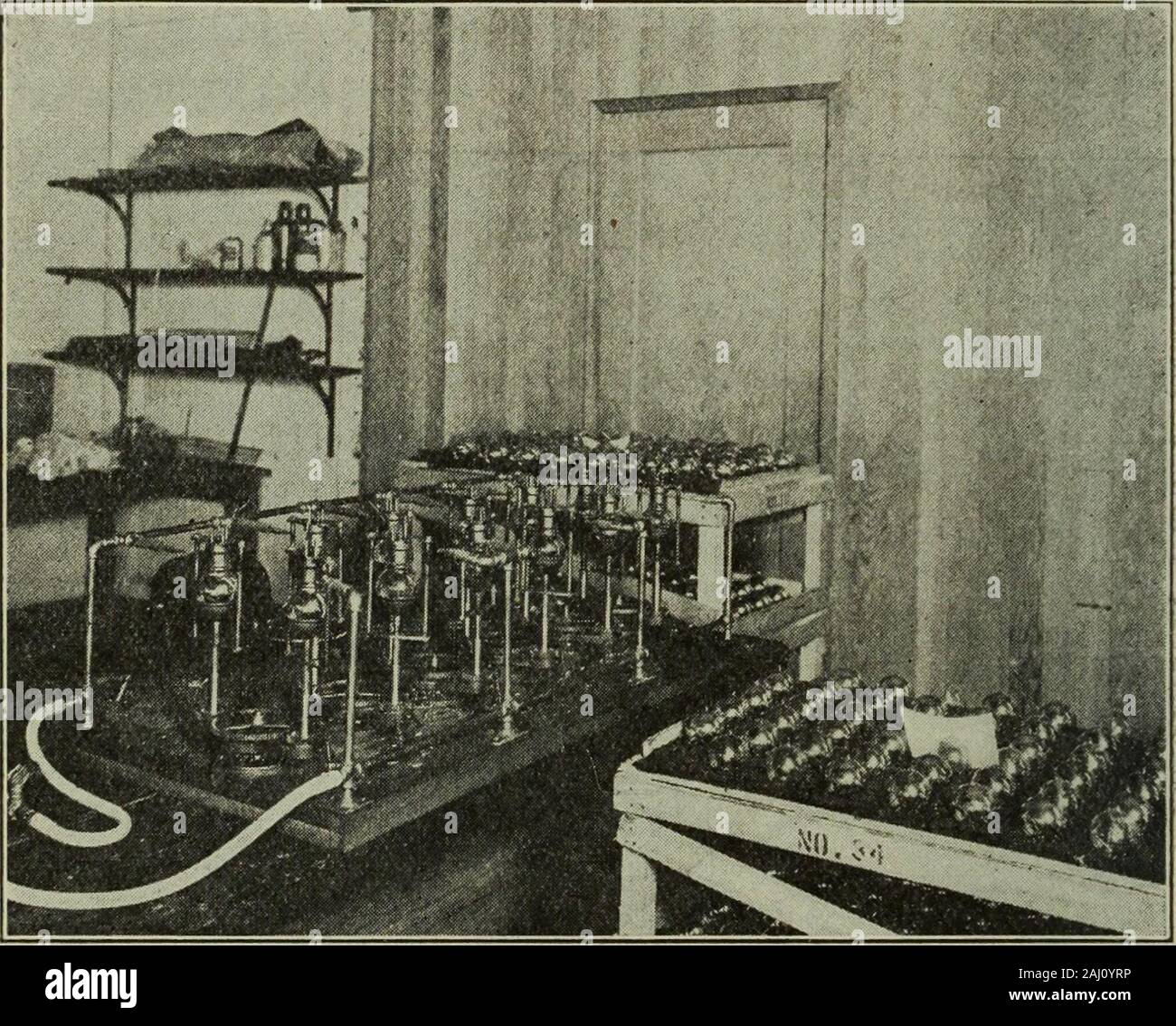 Journal. d durch asmall Walzwerk die zylindrischen Bildung. Die nickelsupporting Drähte Pass auch zwischen einem Walzwerk, einem rollerof die gezahnte ist; diese Mühle wird von Hand und cutsthe Drähte aus zu einer praktischen Länge betrieben. Die Glasröhren carry-ing die Drähte aus zu kurzen Längen geschnitten, die von einer V-förmigen emerywheel; Jedes dann separat in der hohlen spindleof Eine kleine Drehbank, ein Schlag - die Flamme spielt auf der protrudingend, die in einer semi-abgesicherten Zustand bildet ein Flansch platziert wird, wird assistedby ein Handgerät. 48 EINIGE MODERNE TECHNIK IN AMERIKA. Evakuierung von Langmui Stockfoto