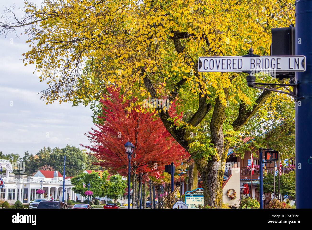Frankenmuth, Michigan, USA - 9. Oktober 2018: Die Innenstadtstraßen der beliebten Touristenstadt Frankenmuth. Stockfoto