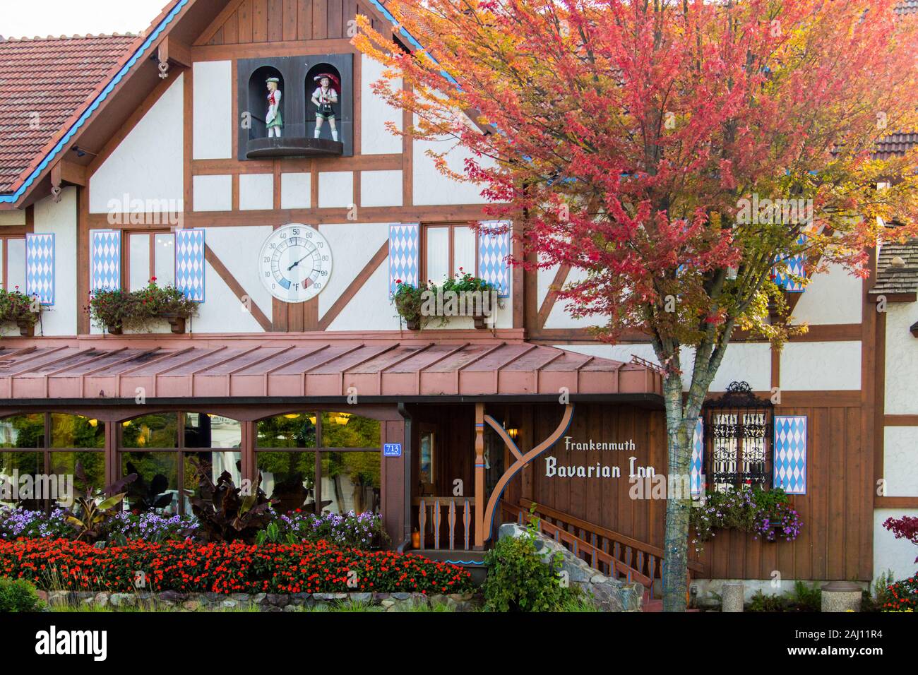 Außenansicht des berühmten bayerischen Gasthauses in der Innenstadt von Frankenmuth. Das deutsche Restaurant ist berühmt für sein Essen mit Hühnergerichten. Stockfoto