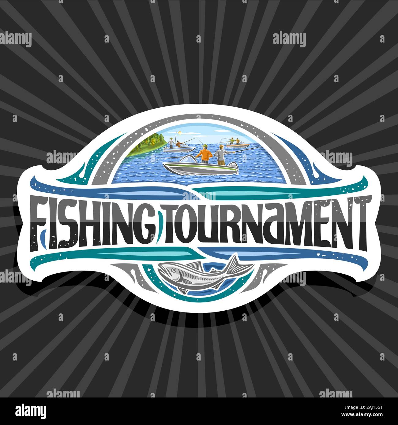 Vektor Logo für die Fischerei Turnier, dekoratives Papier schneiden Emblem mit Abbildung der ständigen Männer in Motorboote in der Nähe der Küste mit Bäumen, original Typ Stock Vektor