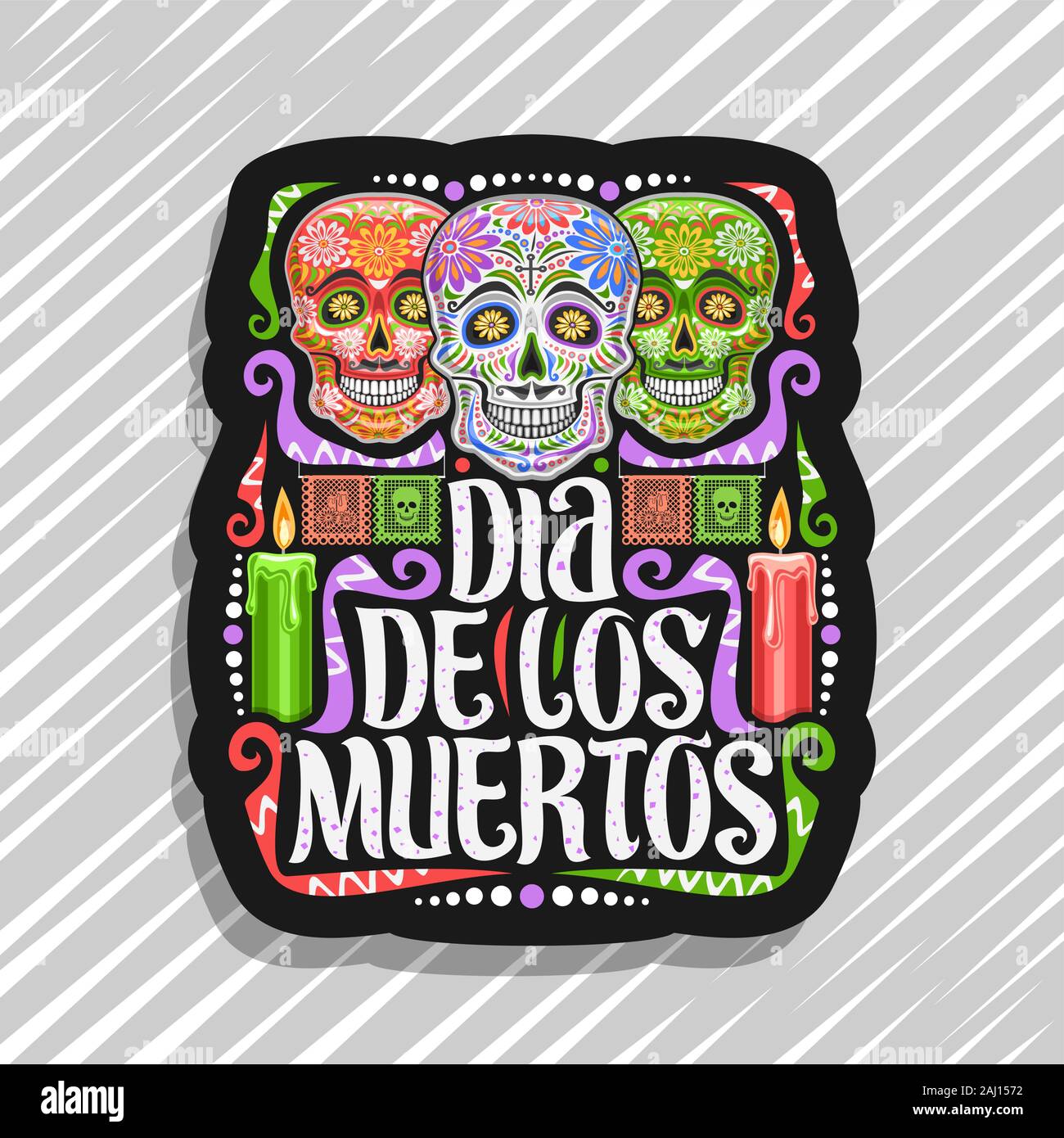 Vektor logo für Dia de los Muertos, schwarz dekorative Tag mit Abbildung: 3 gruselig lächelnd Schädel, brennende Kerzen, bunte papel Picado, Origina Stock Vektor