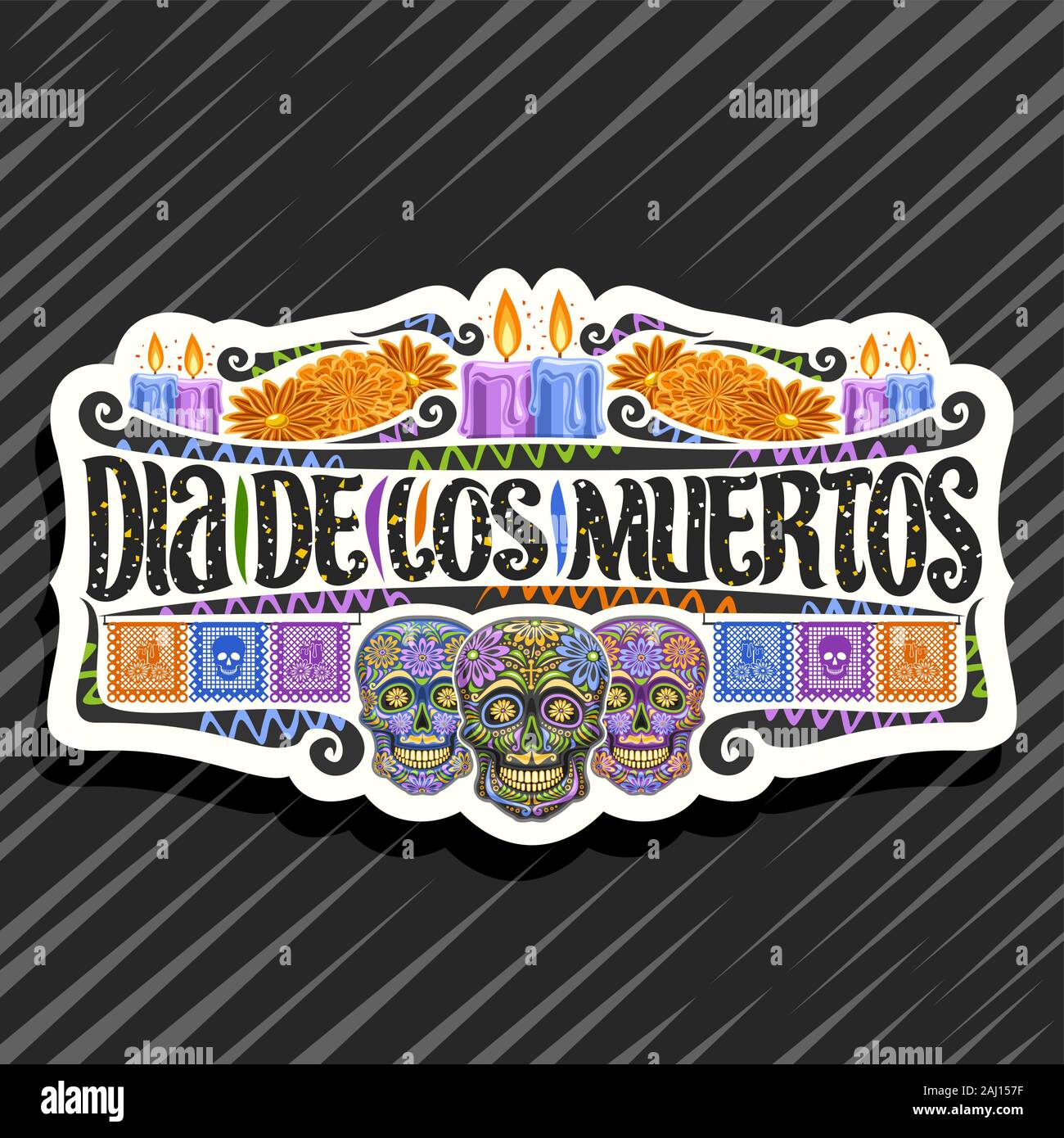 Vektor logo für Dia de los Muertos, weiß dekorative Sticker mit Abbildung: 3 gruselig Köpfe, brennende Kerzen, orange Blumen, bunten Gruß f Stock Vektor