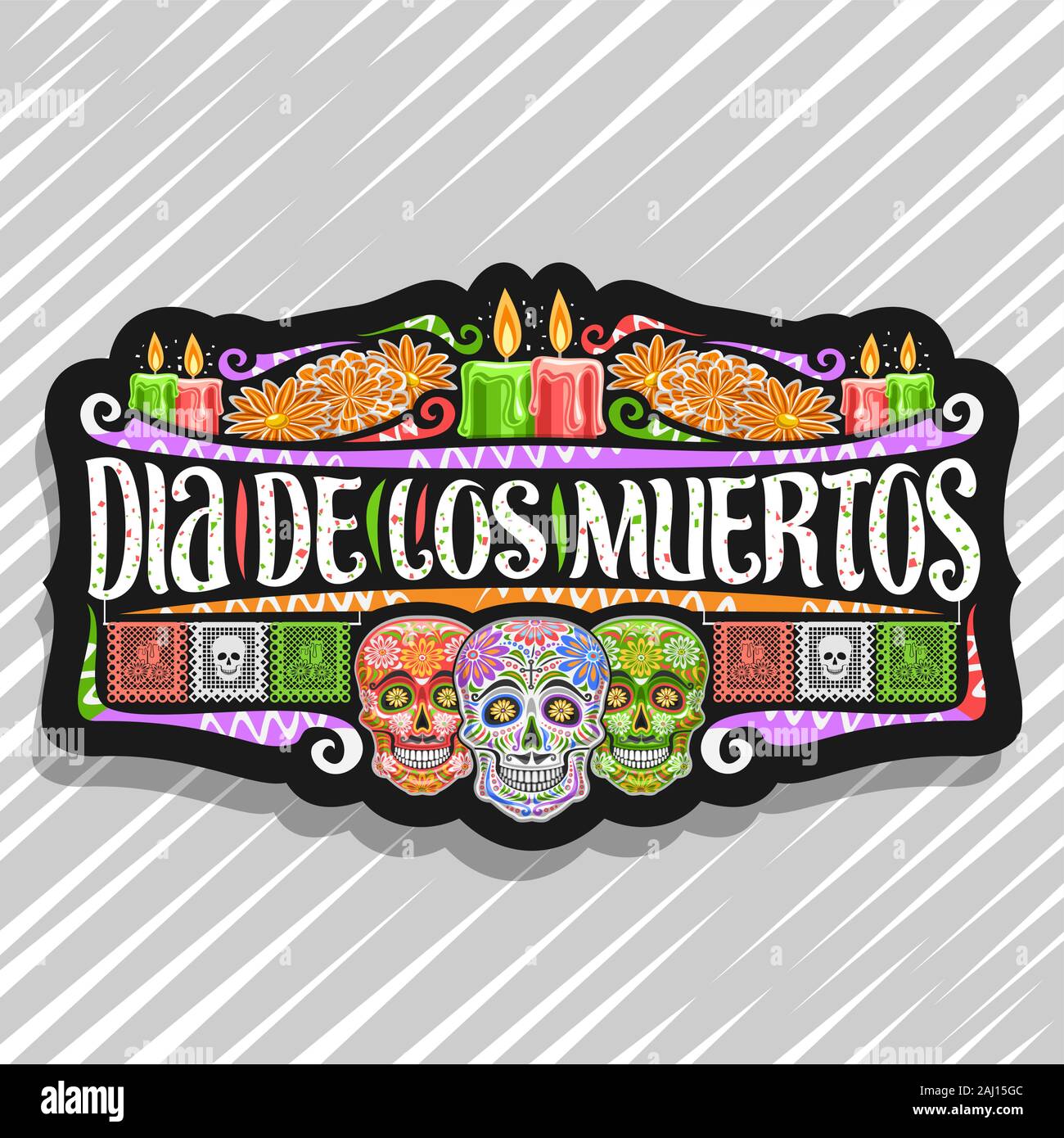 Vektor logo für Dia de los Muertos, schwarz dekorative Aufkleber mit Abbildung: 3 gruselige Köpfe, brennende Kerzen, orange Blumen, bunten Gruß fla Stock Vektor