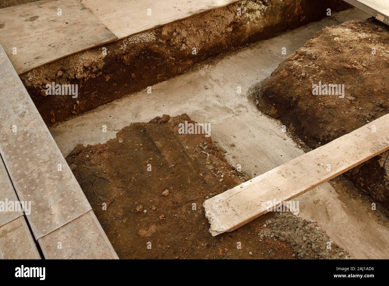 Nahaufnahme Detail der Beton Bodenplatte für eine hintere Erweiterung Projekt an einem Haus in Cheshire UK Stockfoto