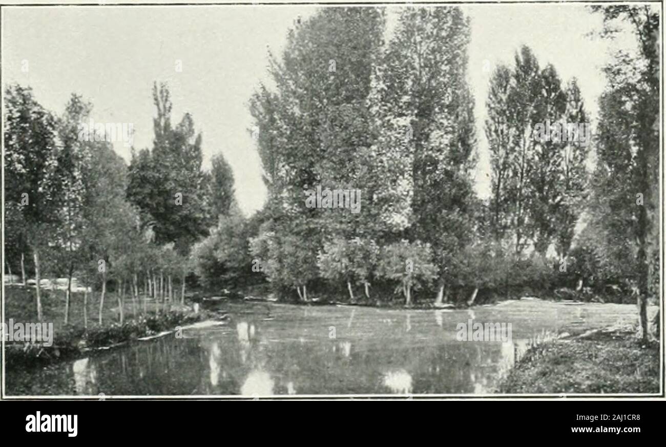 Album géographique: La France. Berry et dans lazone mixte de Plaines et de Collines qui sépare Le Massif Central de laplaine, des Régions très pittoresques. La belle Rivière de la Creuse encore est Bica encaissée lorsquelle va scnj. ojj: Äh, dans le Hoi^-de-Chauddabord, dans la Plaine ensuite. A la hauteur du Pin, Elle coule au piedde Hauts coteaux qui lencaissent nettement. - Le Cher Quitte les coteauxélevés au Nord de Saint-Amand Monlrond vers Ailichamps: Il est un Pays dhorizon déjàdans découvert quoique mamelonné et doucementaccidenté. 35. Les Eaux de CONFLCFNT LYf. VREET DELAlRON, BoUR-o Stockfoto