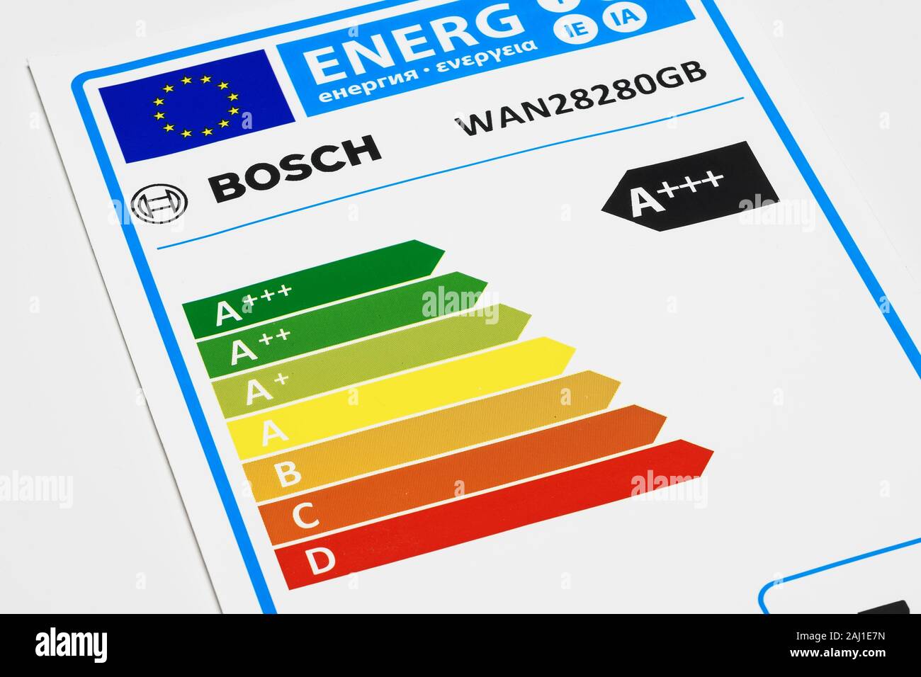 Eine Energie auf einem Etikett auf einer Bosch Waschmaschine Stockfoto
