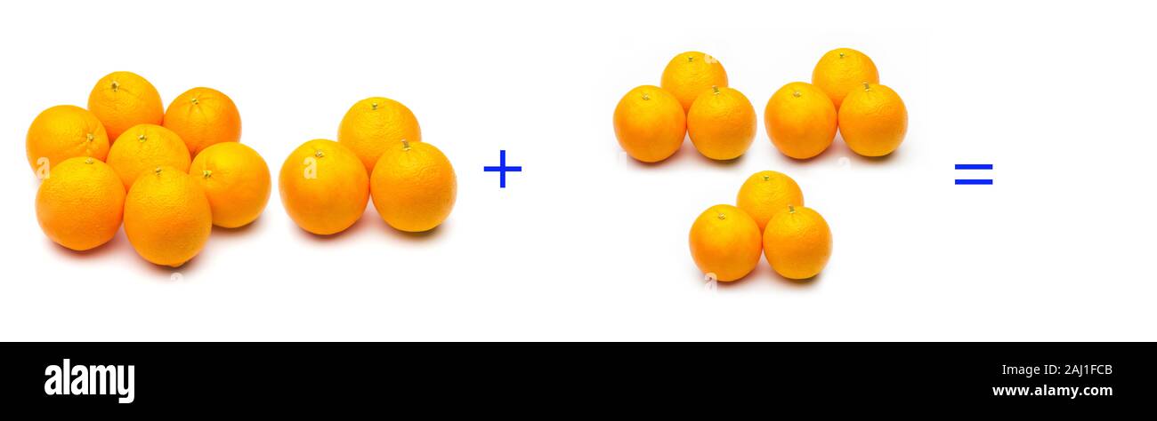 Berechnung von Summen grafisch mit Orangen, Summen von Orangen; mathematische Berechnung nicht abstrakt, sehr real, Orangen hinzufügen, berechnen Sie das Ergebnis der Stockfoto