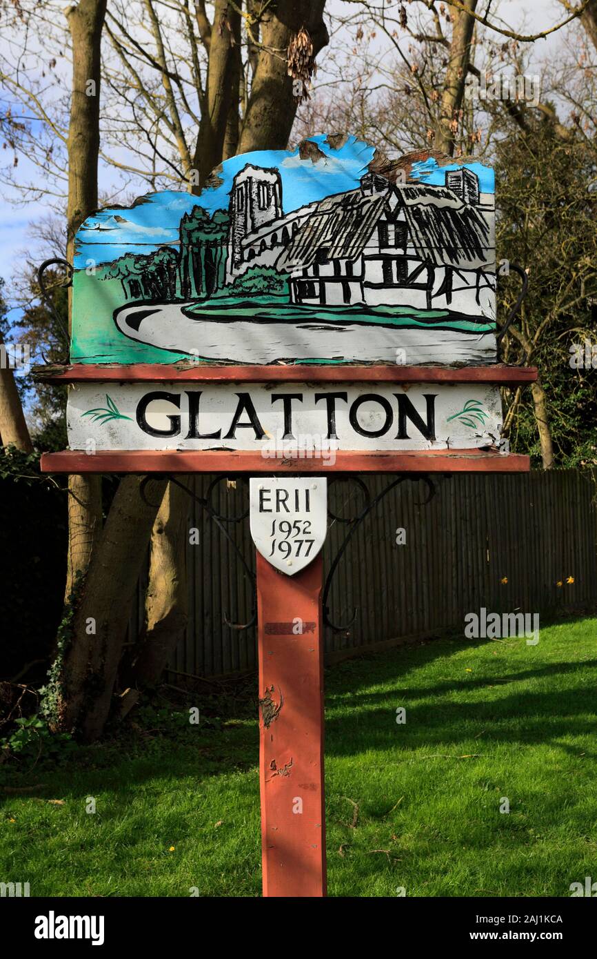 Glatton Ortsschild, Cambridgeshire, England, Großbritannien Stockfoto