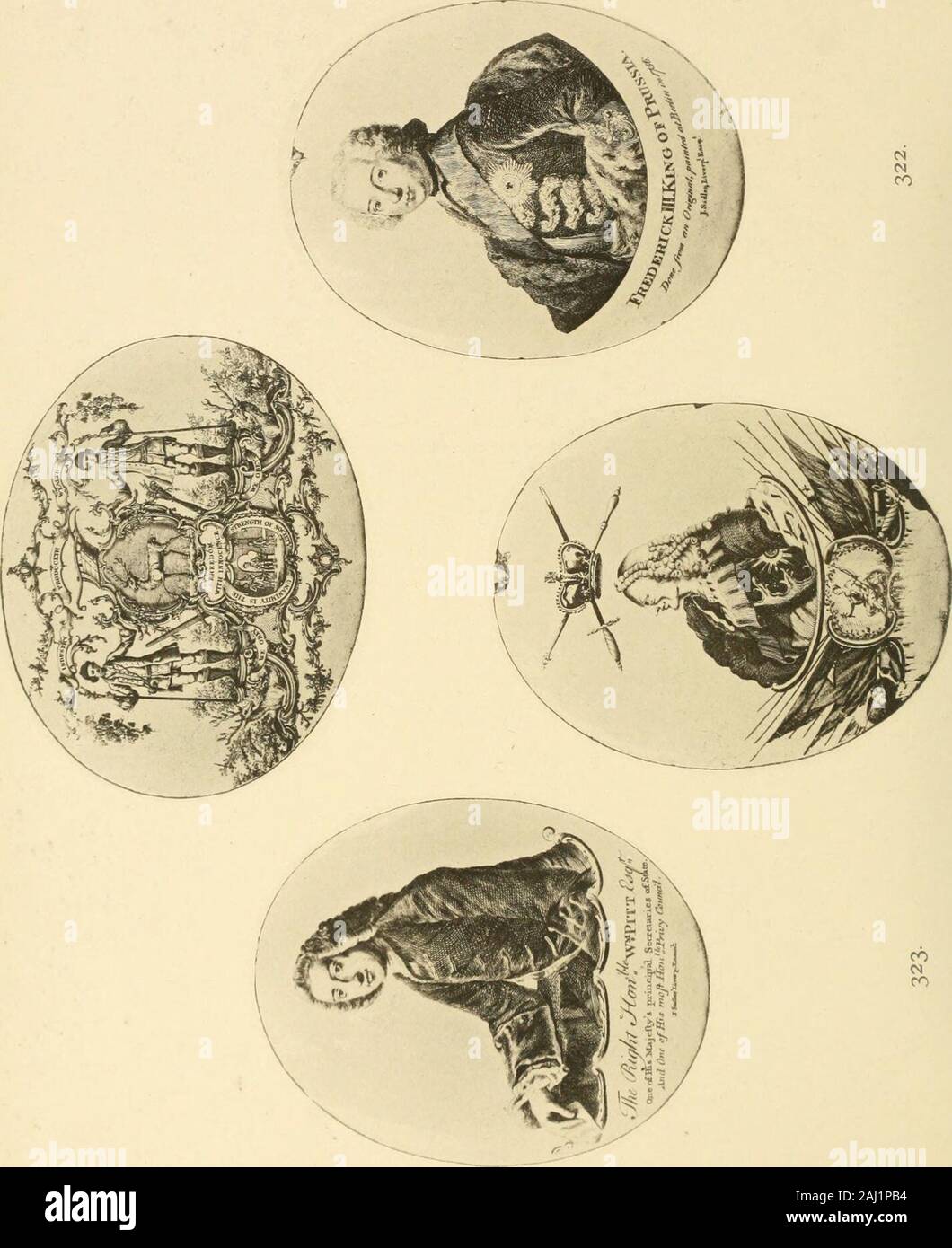 Katalog der Mittelalterliches & später Antiquitäten im Mayer Museum enthalten, einschließlich der Mather Sammlung von Miniaturen und Medaillen im Zusammenhang mit der Familie Bonaparte. 320. 318. 319 -^ •&lt;, • *&lt;. ^ CO. CI-M CO CO CO M CO Emaille. SS aber wahrscheinlich an der Battersea. Inoriginal messing Rahmen. 3 in. x 3 in. 3105 321. Ovales Medaillon, in Kupfer, mit weißen Emaille bedeckt, andtransfer mit einem Profil Por-trait von George II.; gedruckt über, ist acrown und Schwert und Zepter, und nach unten versetzt, eine Trophäe von Waffen und flagsand sitzenden Britannia. Nodoubt eines Sadlers Emaille. Es gibt eine zerkratzte memorandumon der Stockfoto