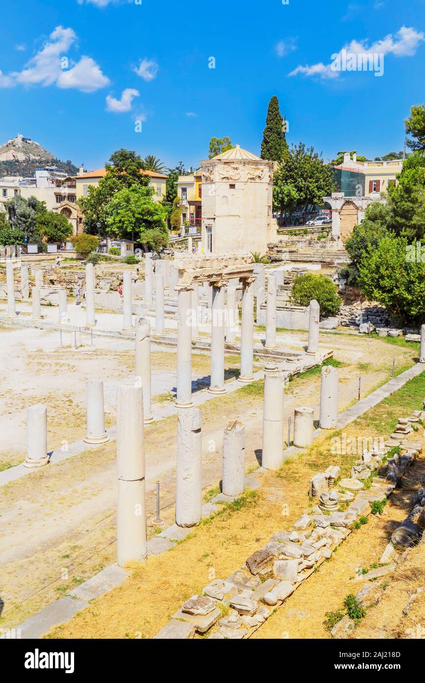 Ansicht der römischen Agora und Turm der Winde, Athen, Griechenland, Europa Stockfoto