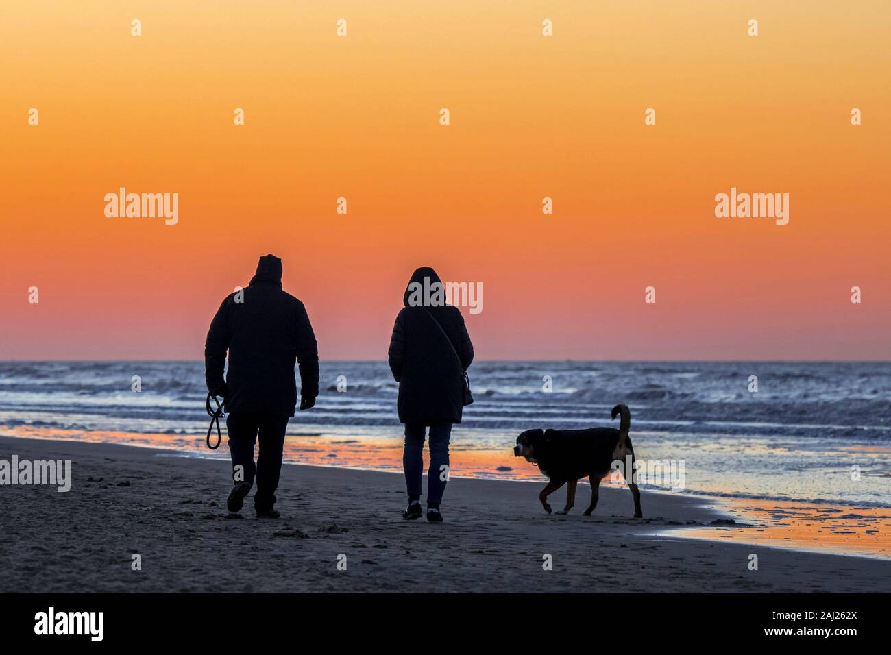 Paar Hundebesitzer zu Fuß entlang der Küste mit unleashed Hund auf Sandstrand, gegen orange Himmel bei Sonnenuntergang Silhouette an einem kalten Abend im Winter Stockfoto