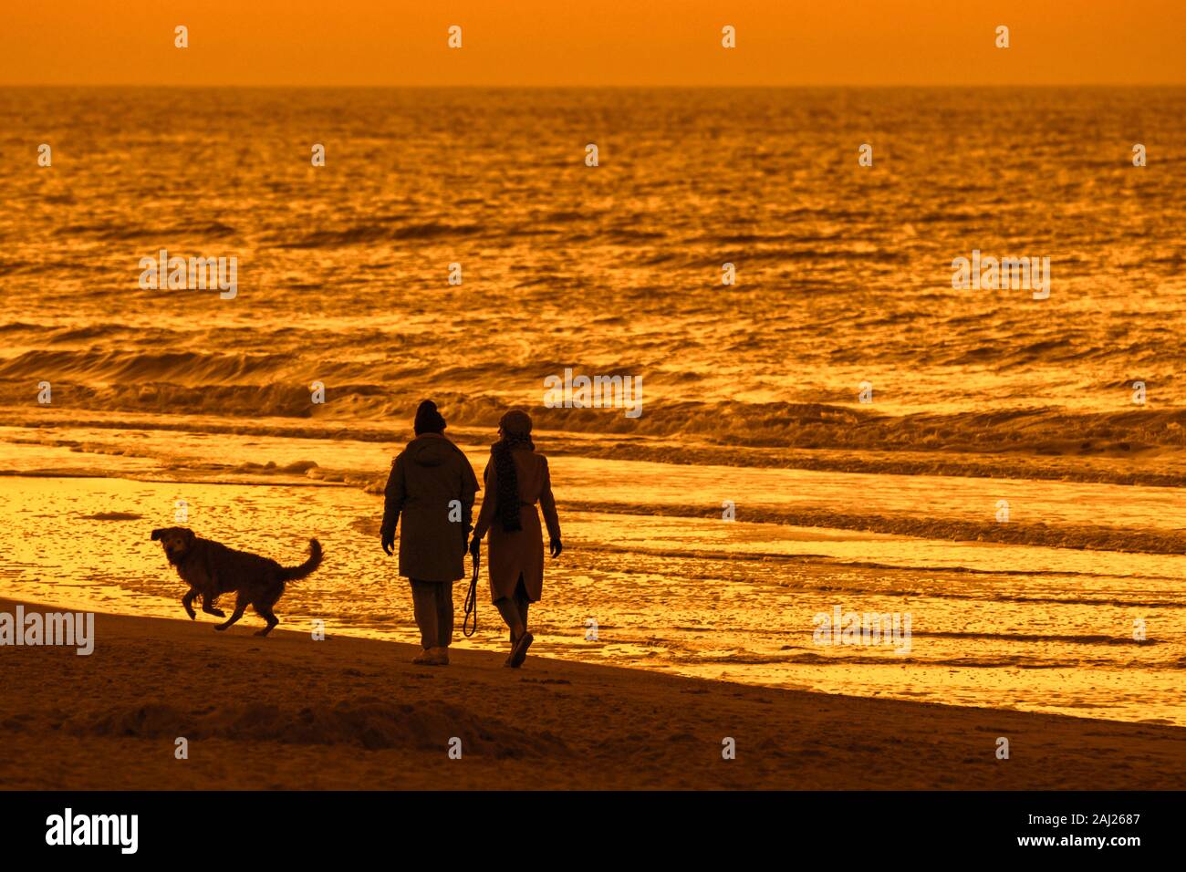 Zwei Frauen gehen mit unleashed Hund entlang der Küste am Strand bei Sonnenuntergang an einem kalten Abend im Winter Stockfoto