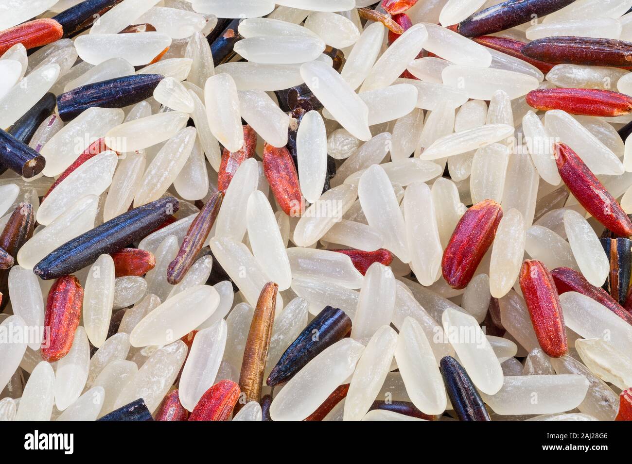 Bunter Mix Reis Textur. Raw trockenen Samen detail. Oryza sativa. Auswahl: Weiß, Rot, Schwarz, mittel- oder langfristig Körner. Grundnahrungsmittel. Asiatische Küche. Stockfoto